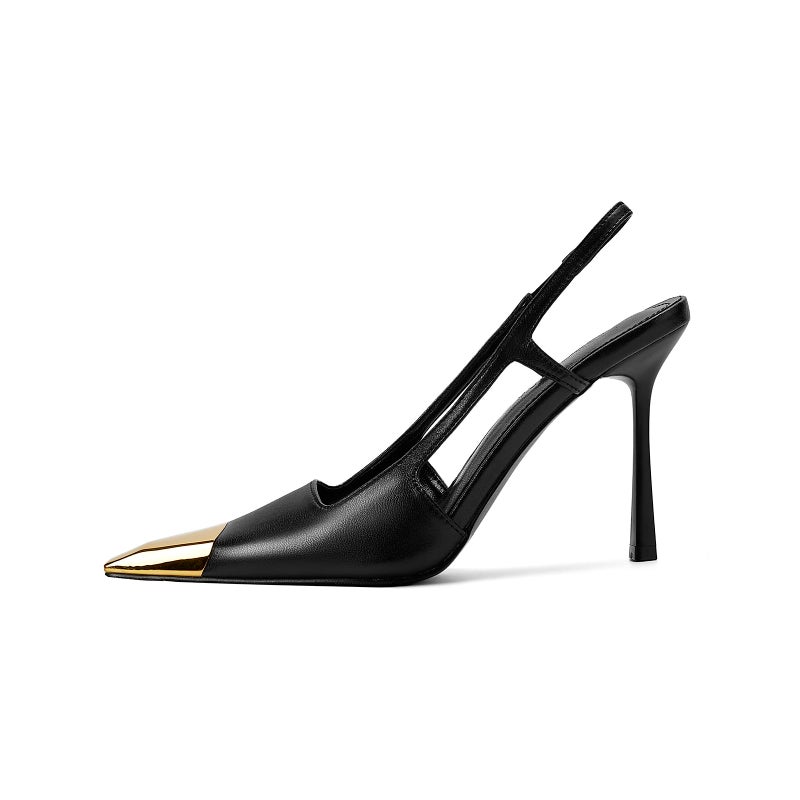 Vertundy Womens Black Slingback Heels Pointed Toe Metal Stiletto High Heel Pumps Slip On Shoes Geometric Heel - Image 4