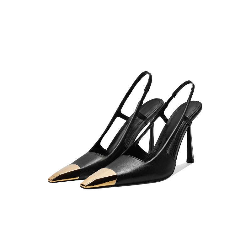 Vertundy Womens Black Slingback Heels Pointed Toe Metal Stiletto High Heel Pumps Slip On Shoes Geometric Heel - Image 1