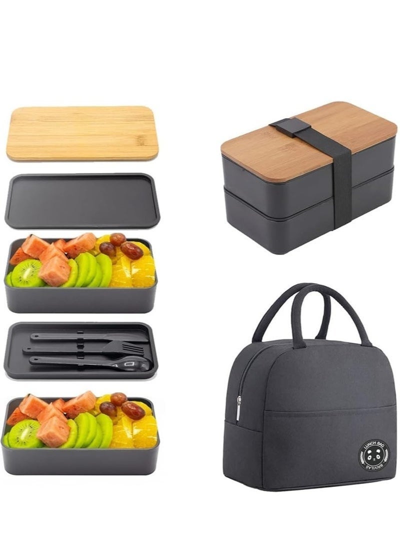 2- Layer Leakproof Bento Box-Large Lunch Box with Compartments und Cutlery Set-Food Picks for Lunch Box Containers for Adults-Microwave Food SafeBento Boxes,1200ML, Black - Image 1