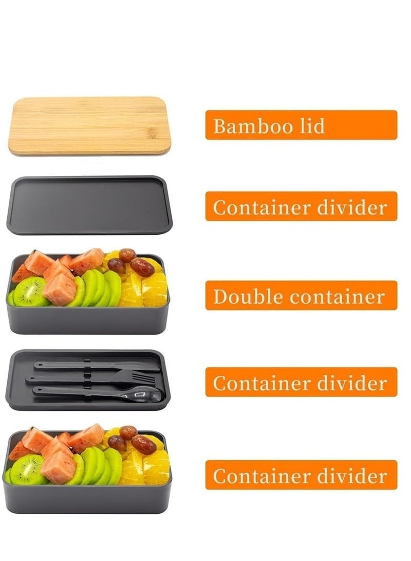 2- Layer Leakproof Bento Box-Large Lunch Box with Compartments und Cutlery Set-Food Picks for Lunch Box Containers for Adults-Microwave Food SafeBento Boxes,1200ML, Black - Image 3