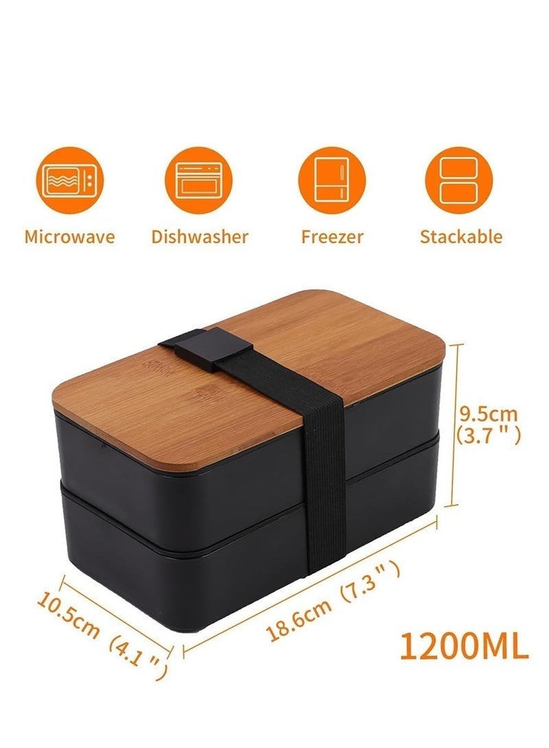 2- Layer Leakproof Bento Box-Large Lunch Box with Compartments und Cutlery Set-Food Picks for Lunch Box Containers for Adults-Microwave Food SafeBento Boxes,1200ML, Black - Image 2