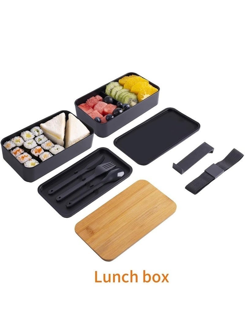 2- Layer Leakproof Bento Box-Large Lunch Box with Compartments und Cutlery Set-Food Picks for Lunch Box Containers for Adults-Microwave Food SafeBento Boxes,1200ML, Black - Image 5