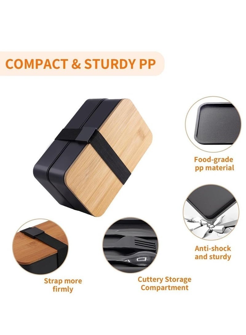 2- Layer Leakproof Bento Box-Large Lunch Box with Compartments und Cutlery Set-Food Picks for Lunch Box Containers for Adults-Microwave Food SafeBento Boxes,1200ML, Black - Image 4