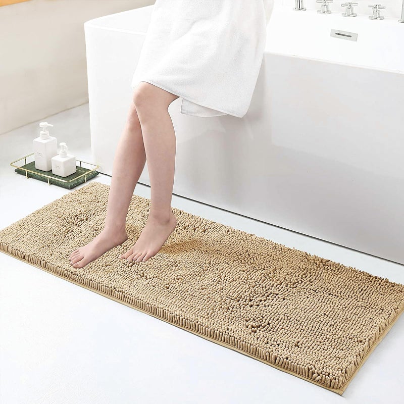 Smiry Luxury Chenille Bathroom Rugs 47x17 Extra Soft and Absorbent Shaggy Bath Mat Machine Washable NonSlip Plush Carpet Runner for Tub Shower and Floor Home Decor Accessories Beige
