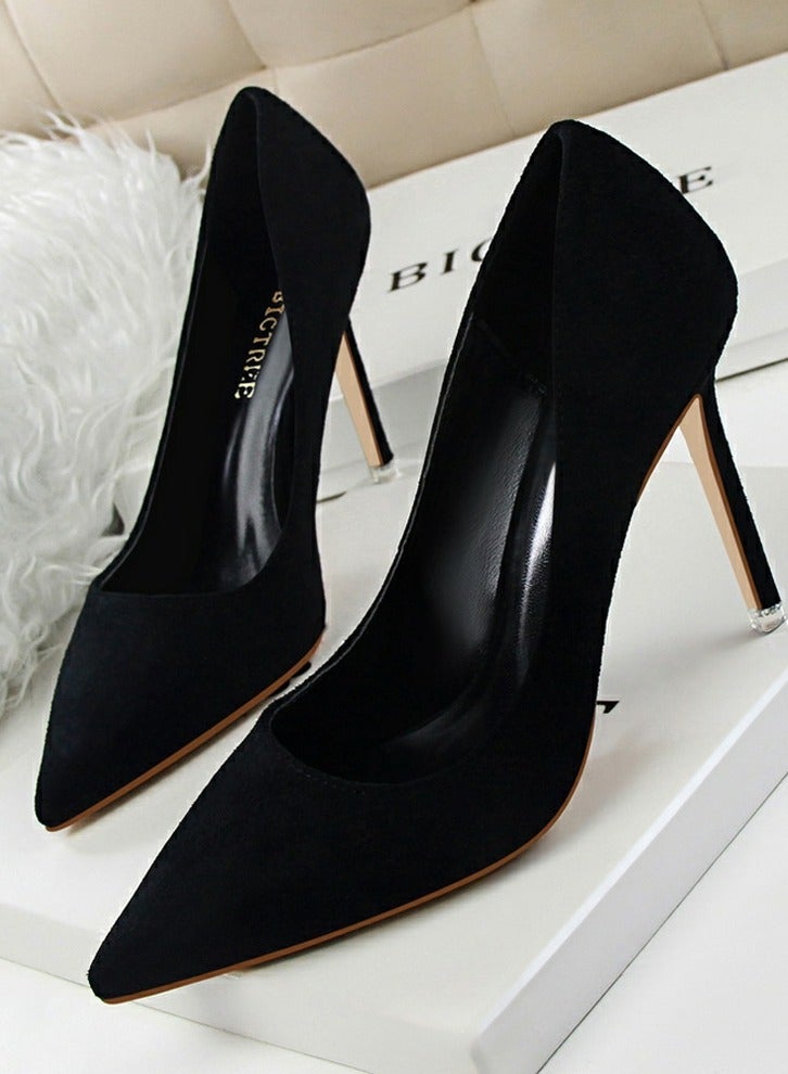 BIGTREE Women's Elegant Coral Velvet Stiletto Pumps 9 CM Fashion Gorgeous Closed Pointed Toe Slip On Solid High Heels Black - Image 1