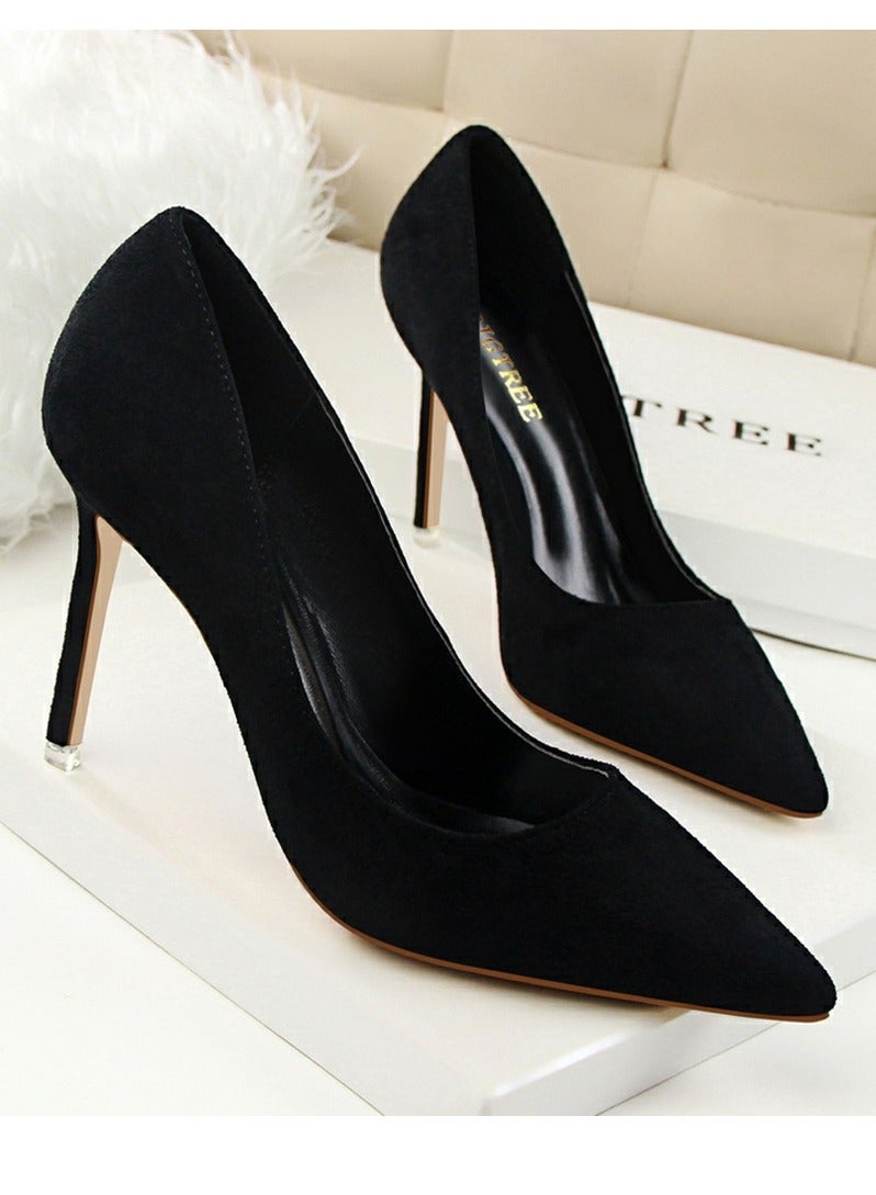 BIGTREE Women's Elegant Coral Velvet Stiletto Pumps 9 CM Fashion Gorgeous Closed Pointed Toe Slip On Solid High Heels Black - Image 2