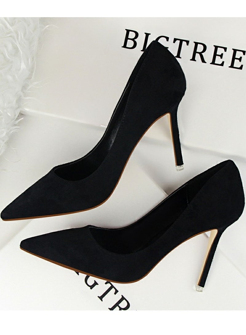 BIGTREE Women's Elegant Coral Velvet Stiletto Pumps 9 CM Fashion Gorgeous Closed Pointed Toe Slip On Solid High Heels Black - Image 3