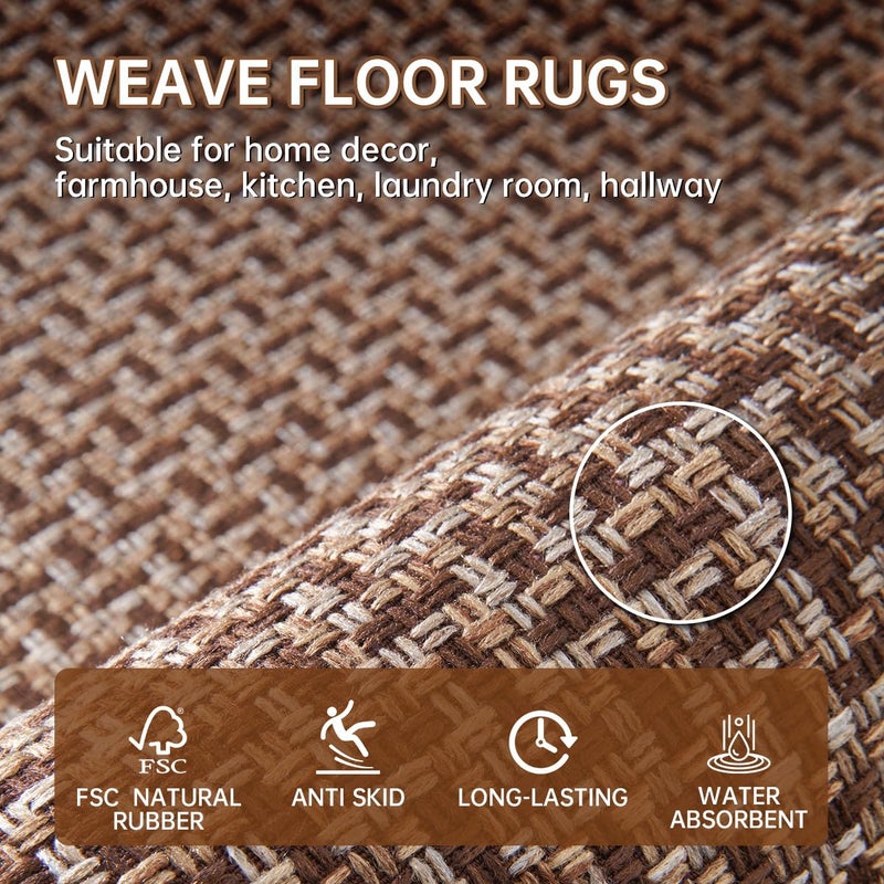 eqivei Kitchen Rugs and Mats Non Skid Washable Set of 2 PCS, Absorbent Runner Rugs for Kitchen, Farmhouse Weave Floor Mats in Front of Sink, 17.3"x 47"+17.3"x 29" (Brown) - Image 3