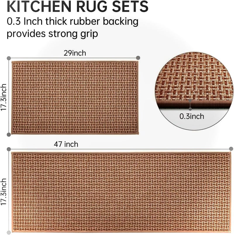 eqivei Kitchen Rugs and Mats Non Skid Washable Set of 2 PCS, Absorbent Runner Rugs for Kitchen, Farmhouse Weave Floor Mats in Front of Sink, 17.3"x 47"+17.3"x 29" (Brown) - Image 2
