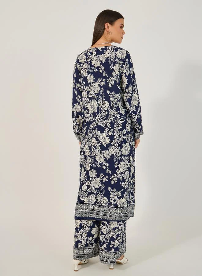 Styli Floral Print Relaxed Kimono & Pant Set