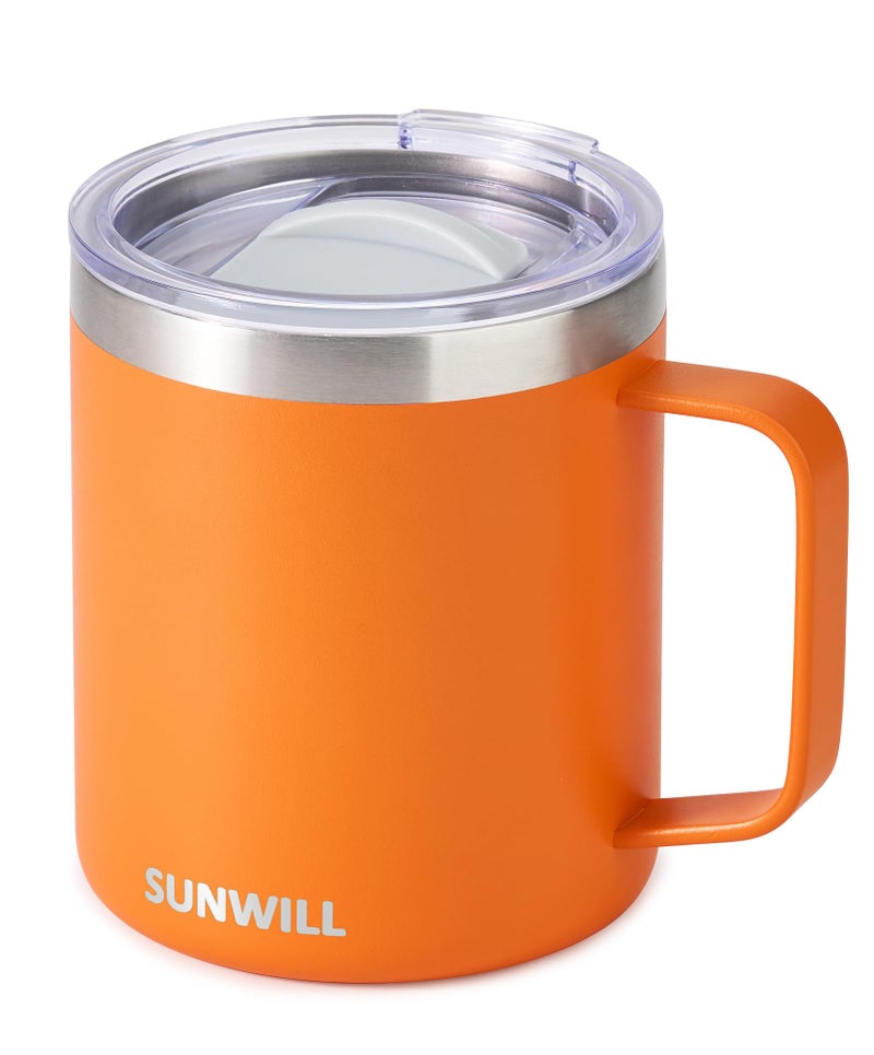 SUNWILL Insulated Coffee Mug with Lid Travel Tumbler with Handle 14 oz Stainless Steel Cup for Camping Office Home Powder Coated Orange