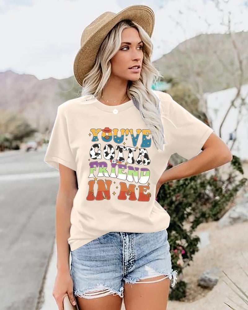 MYHALF You've Got A Friend in Me Shirt Women Funny Letter Print Friends Tops Cute Vacation Holiday Short Sleeve Graphic Tees Apricot - Image 5