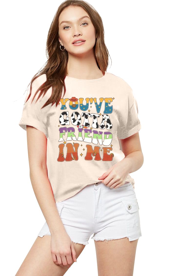 MYHALF You've Got A Friend in Me Shirt Women Funny Letter Print Friends Tops Cute Vacation Holiday Short Sleeve Graphic Tees Apricot - Image 2