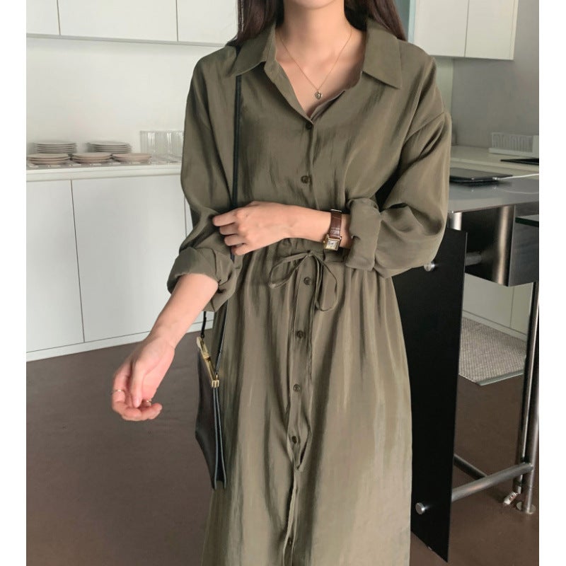 2024 South Korea waist drawstring waist temperament slim retro shirt dress college long Military green