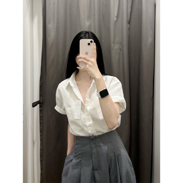Spring and summer salt light cooked wind fried street suit womens Hong Kong style chic short sleeve shirt skirt two-piece set Grey Culottes - Image 2