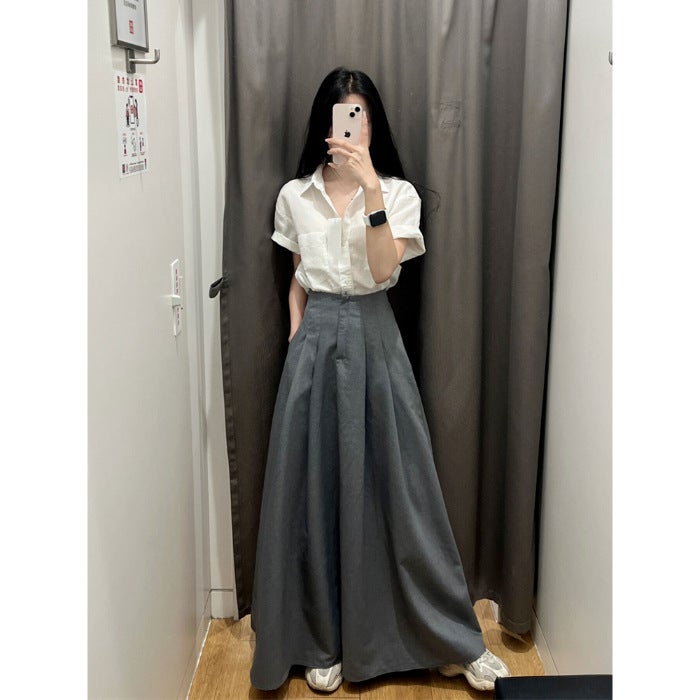 Spring and summer salt light cooked wind fried street suit womens Hong Kong style chic short sleeve shirt skirt two-piece set Grey Culottes - Image 1