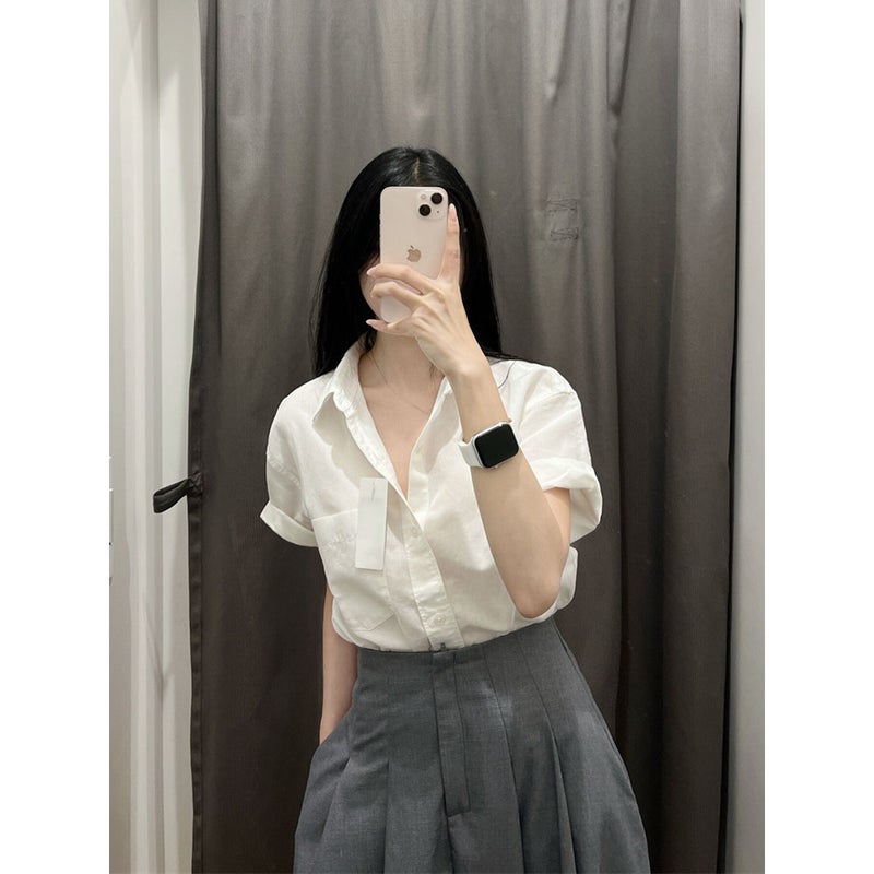Spring and summer salt light cooked wind fried street suit womens Hong Kong style chic short sleeve shirt skirt two-piece set Grey Culottes - Image 4