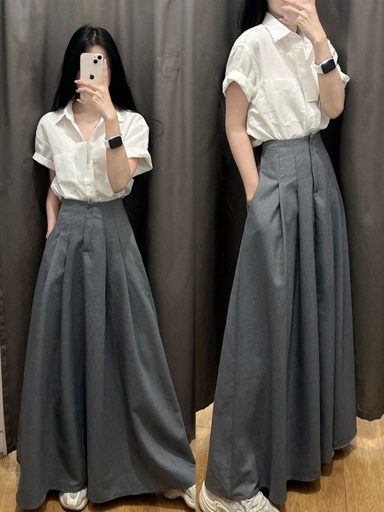 Spring and summer salt light cooked wind fried street suit womens Hong Kong style chic short sleeve shirt skirt two-piece set Grey Culottes - Image 3