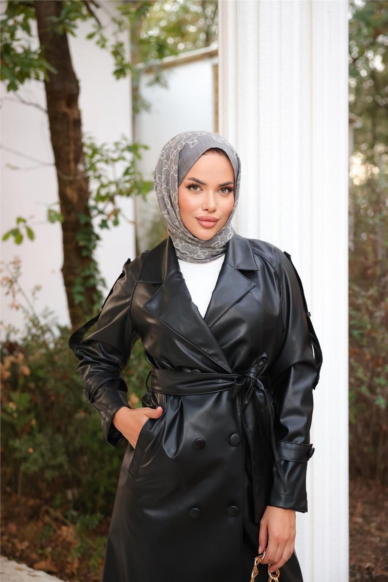Bwest Double Breasted Collar Pocket Waist Laced Leather Trench Coat - 71212.003 - Black  - Image 4