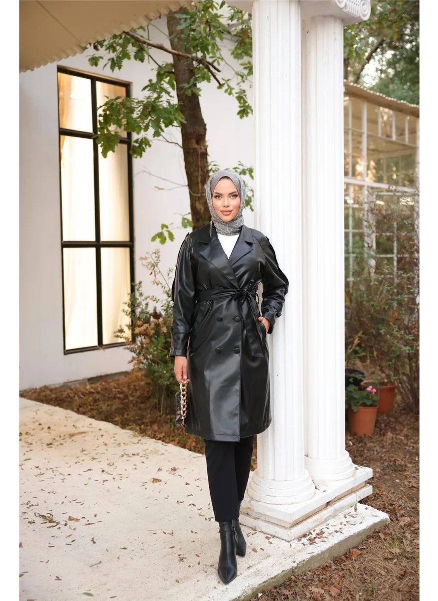 Bwest Double Breasted Collar Pocket Waist Laced Leather Trench Coat - 71212.003 - Black