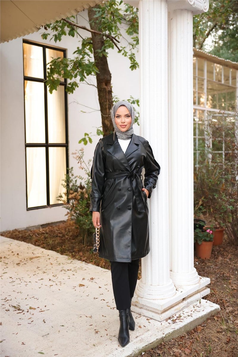 Bwest Double Breasted Collar Pocket Waist Laced Leather Trench Coat - 71212.003 - Black  - Image 1