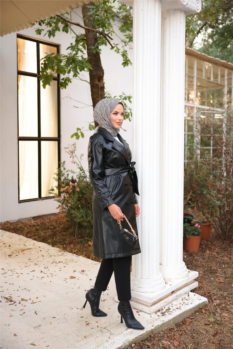 Bwest Double Breasted Collar Pocket Waist Laced Leather Trench Coat - 71212.003 - Black  - Image 2