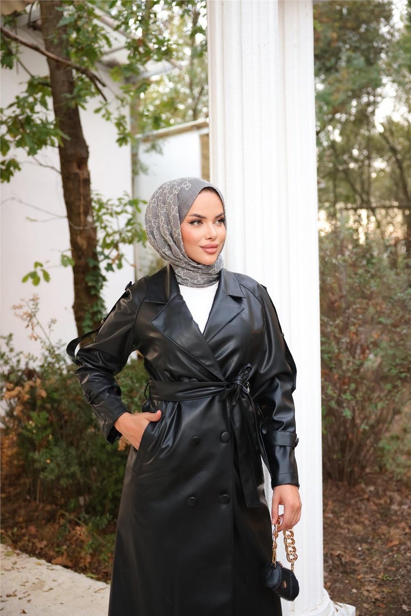 Bwest Double Breasted Collar Pocket Waist Laced Leather Trench Coat - 71212.003 - Black  - Image 3
