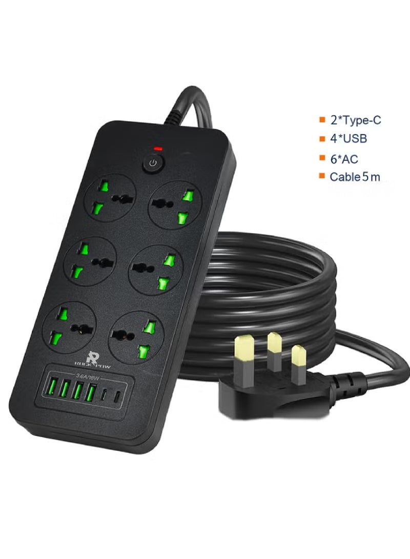 Rock Pow Surge Protector Power Strip- Flat Plug Extension Cord With 6 Outlets And 4 USB Ports And 2 Type-C Ports,5M Power Cord(3000W/16A/110V-265V),PC Flame Retardant Material,Pure Copper Core - Image 1