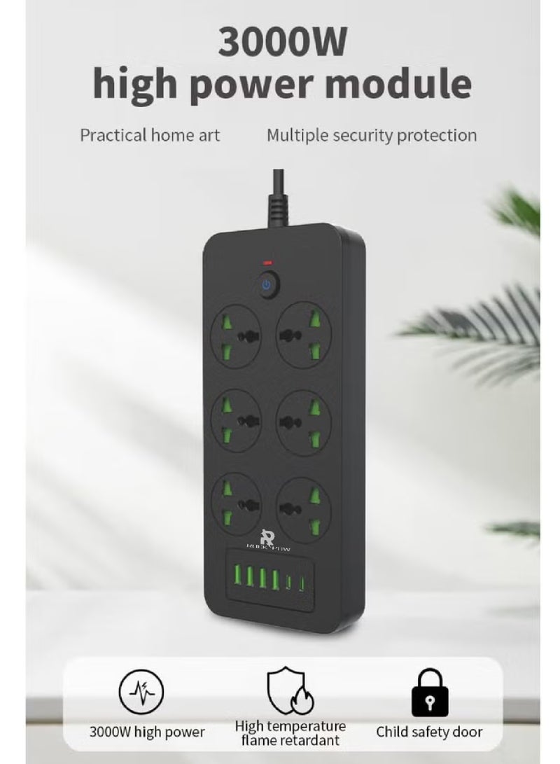 Rock Pow Surge Protector Power Strip- Flat Plug Extension Cord With 6 Outlets And 4 USB Ports And 2 Type-C Ports,5M Power Cord(3000W/16A/110V-265V),PC Flame Retardant Material,Pure Copper Core - Image 2