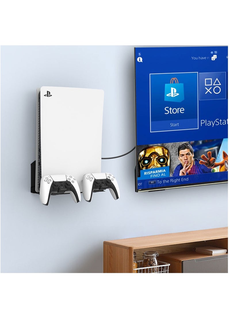 FlashHawk PS5 Wall Mount, PS5 Bracket Kit, with 2 Detachable Controller Holders, Heavy-Duty Aluminum Alloy Mounting, Bracket for Playstation 5 Disc and Digital Edition, Space-Saving Design, Black - Image 1