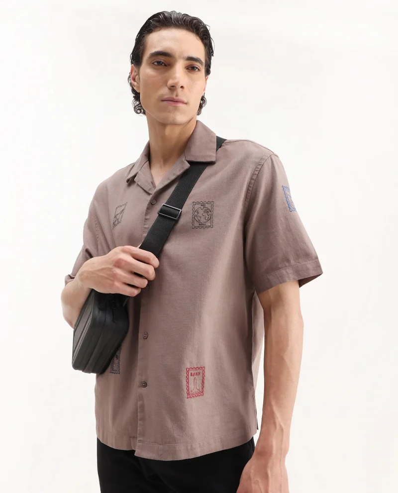 Rare Rabbit Men's Boxy Fit Cuban Collared Embroidered Shirt