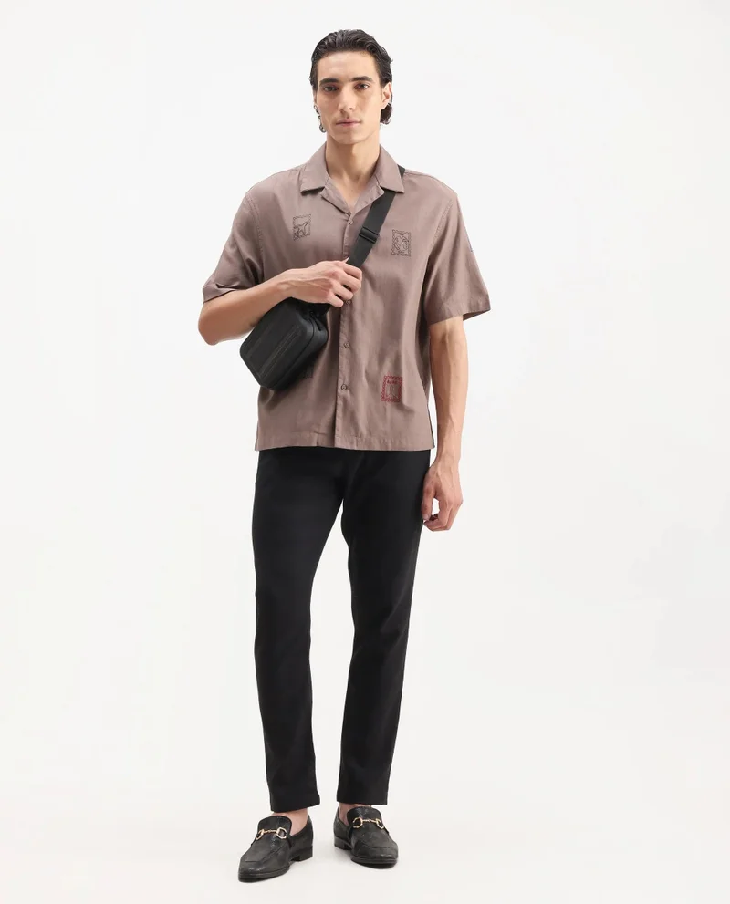 Rare Rabbit Men's Boxy Fit Cuban Collared Embroidered Shirt