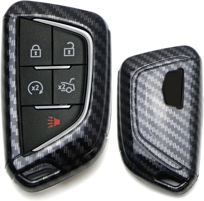 iJDMTOY Gloss Black Carbon Fiber Pattern Exact Fit Key Fob Shell Cover w/ Chrome Edging Trim Compatible with 2020-up Cadillac CT5 CT6 XTS XT4 XT5 ATS, etc - Image 1