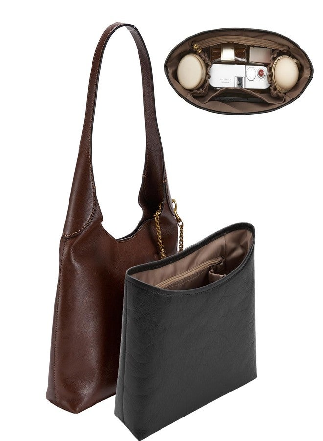 OAikor Dupont Paper Brooklyn 28 Bag Insert, Lightweight Purse Organizer for Coach Brooklyn 28 Shoulder Bags, Handbag Inner Divider Shaper with Elastic Cup Holder Smooth Zipper, Black&Maple