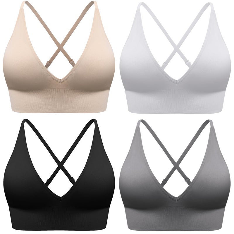 Evercute Women's Sports Bras 3/4 Pack Adjustable Deep V Neck Bras Wireless Spaghetti Strap Criss Cross Padded Seamless Low Support Sexy Everyday Bras - Image 1