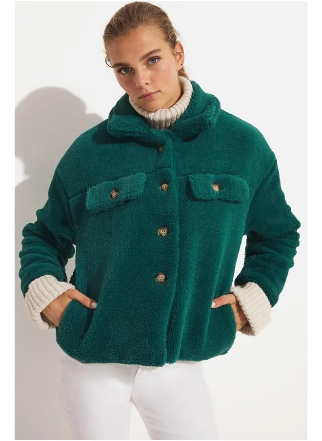 جون June Button Detailed Plush Coat Green