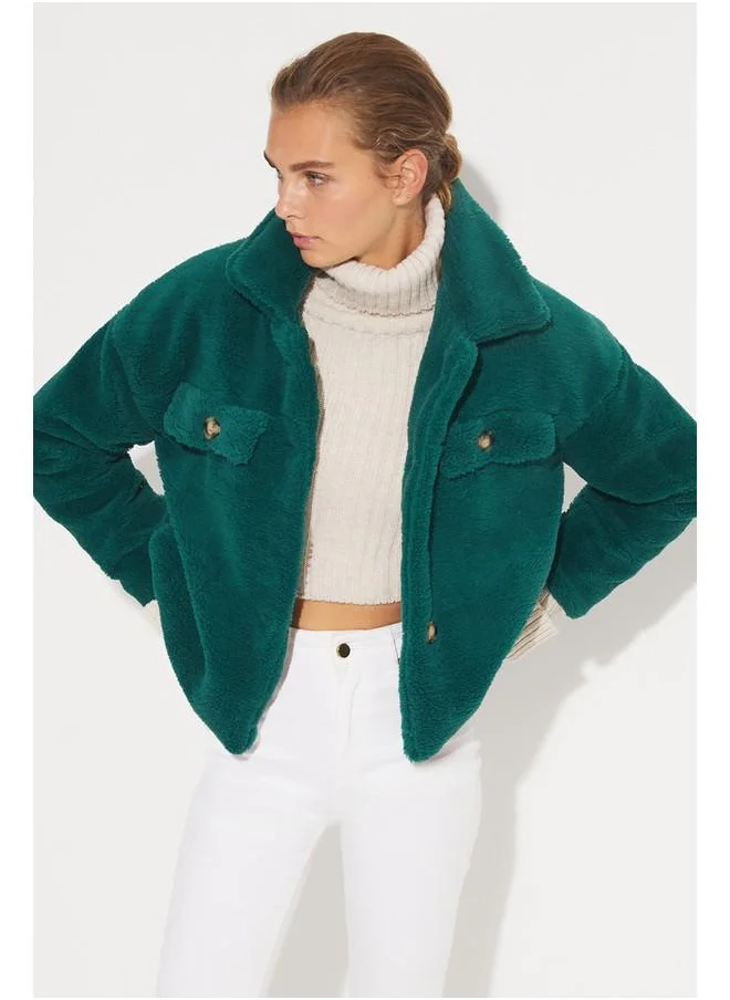 جون June Button Detailed Plush Coat Green