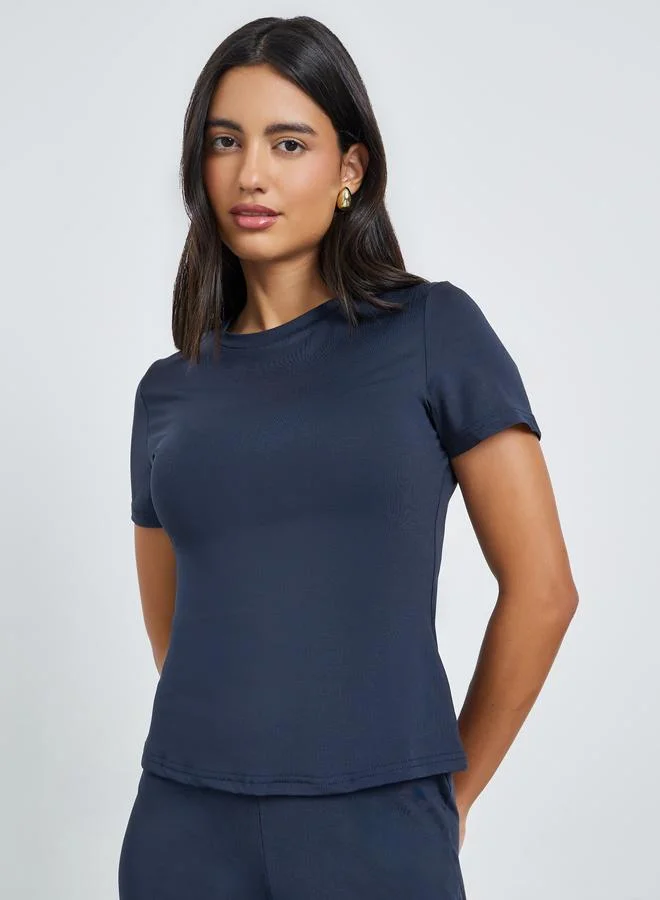 Styli Dark Blue Solid T-Shirt and Flared Leggings Co-Ords