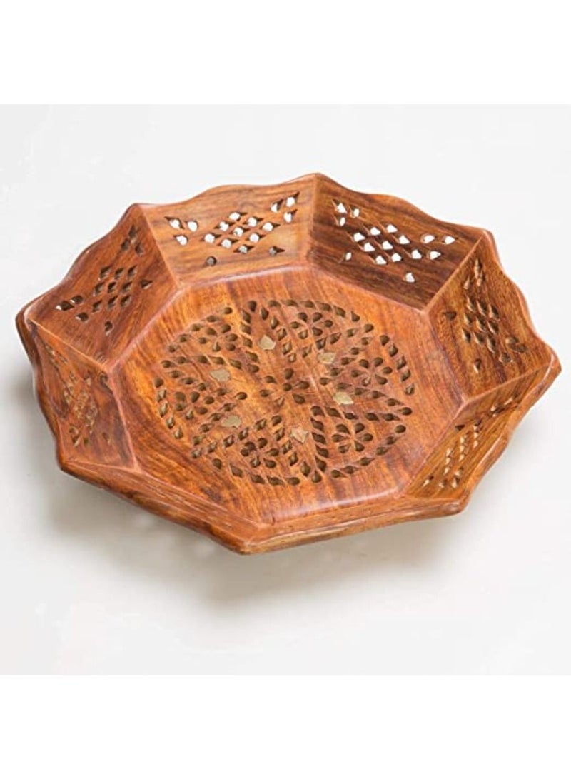 QUESERA Wooden Serving Tray Set of 3 Brass MESH Work Thanksgiving Gifts Coffee Table Trays Food Bed Wooden Serving Platter Wooden Butler Tray for Eating Parties - Image 2