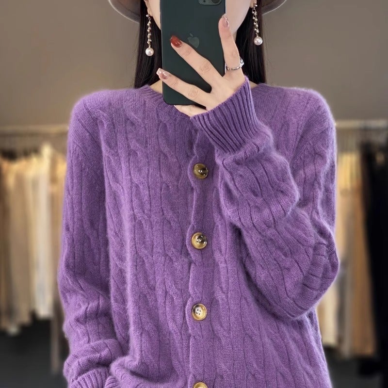 2023 autumn and winter New pure woolen sweater womens button round neck thickened knitted cardigan loose bottoming shirt sweater coat White