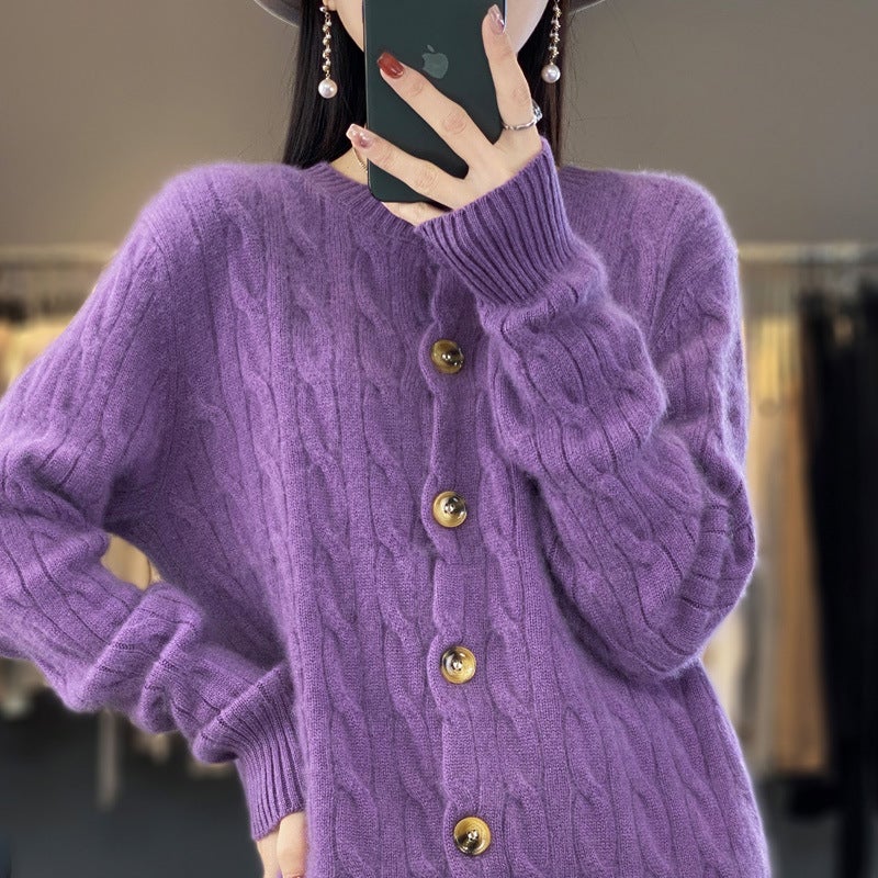 2023 autumn and winter New pure woolen sweater womens button round neck thickened knitted cardigan loose bottoming shirt sweater coat White