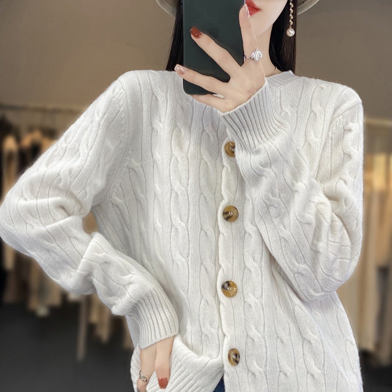 2023 autumn and winter New pure woolen sweater womens button round neck thickened knitted cardigan loose bottoming shirt sweater coat White