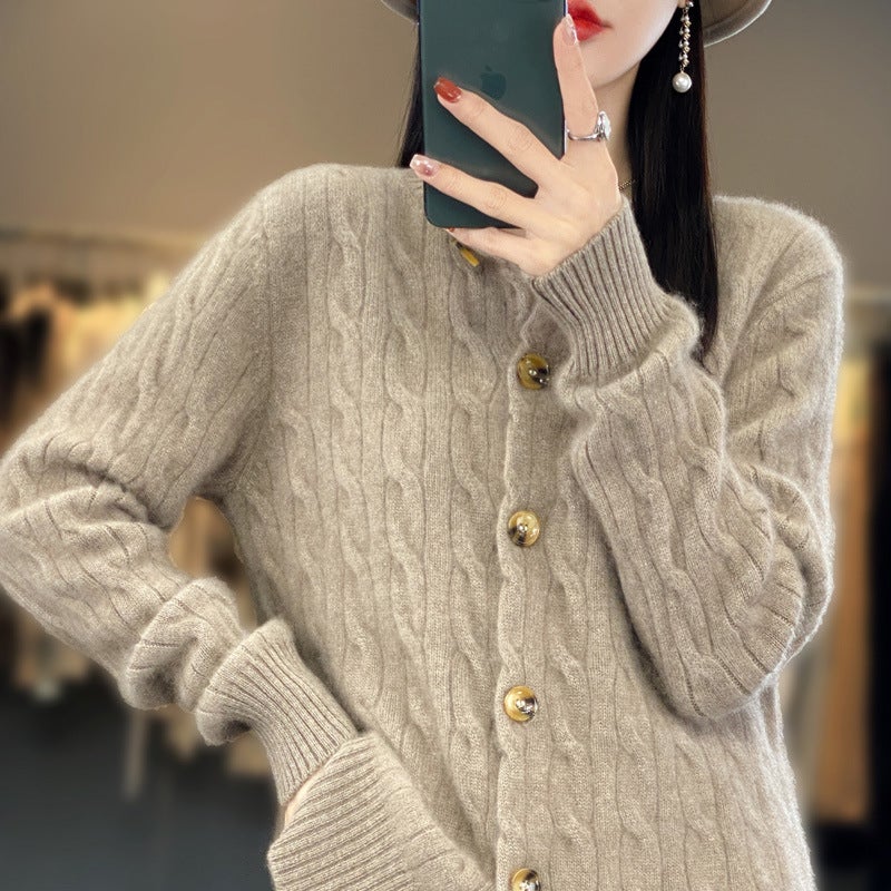 2023 autumn and winter New pure woolen sweater womens button round neck thickened knitted cardigan loose bottoming shirt sweater coat White