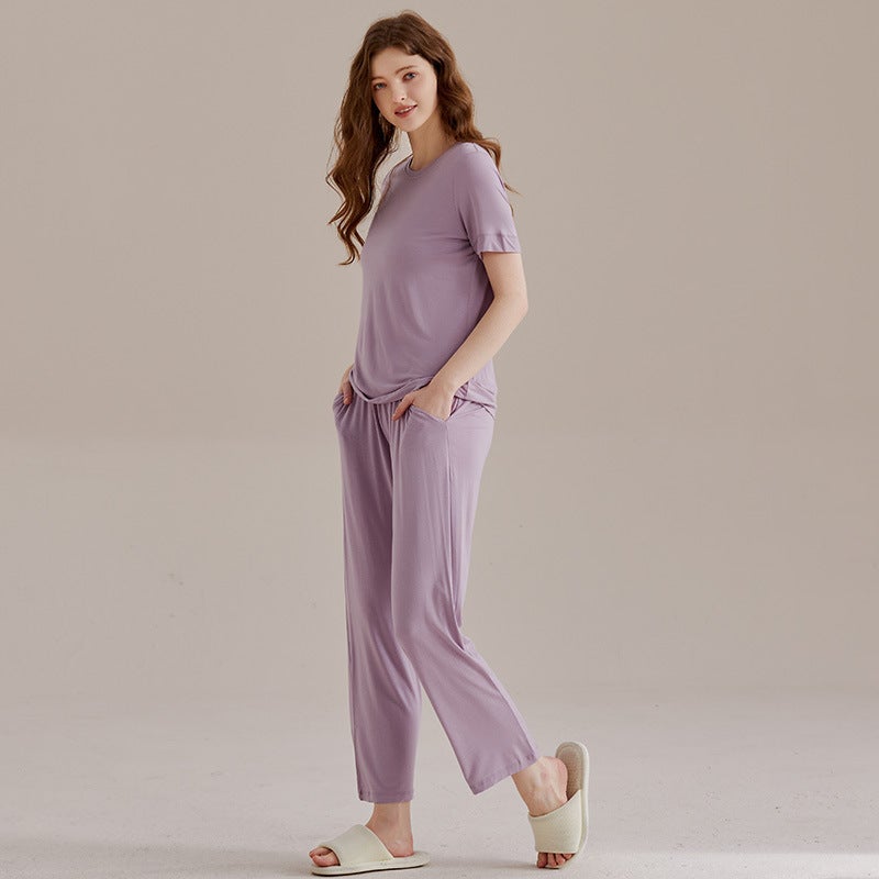 Women''s Mulberry Silk Home Wear Short-Sleeved Long Pants Pajamas Modal Set Summer - Image 5