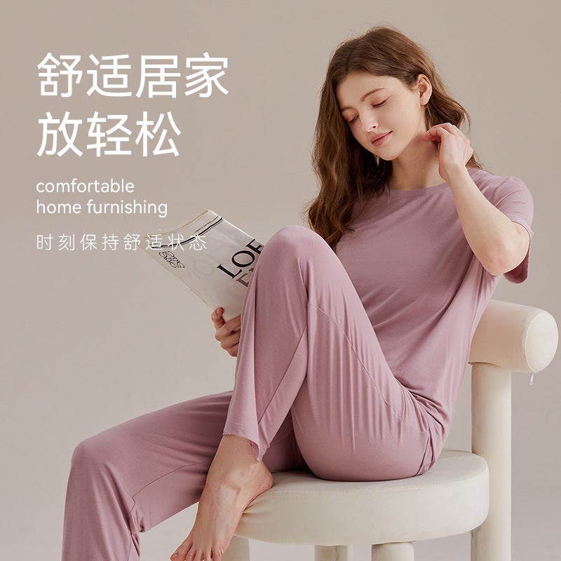 Women''s Mulberry Silk Home Wear Short-Sleeved Long Pants Pajamas Modal Set Summer - Image 2