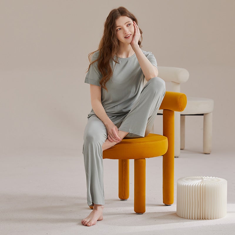 Women''s Mulberry Silk Home Wear Short-Sleeved Long Pants Pajamas Modal Set Summer - Image 4