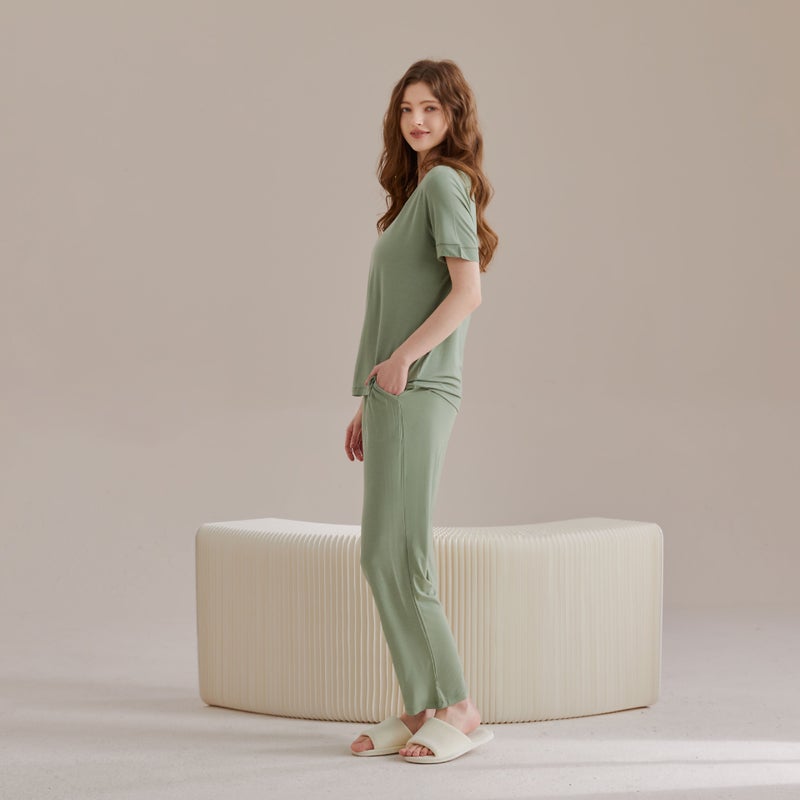 Women''s Mulberry Silk Home Wear Short-Sleeved Long Pants Pajamas Modal Set Summer - Image 1
