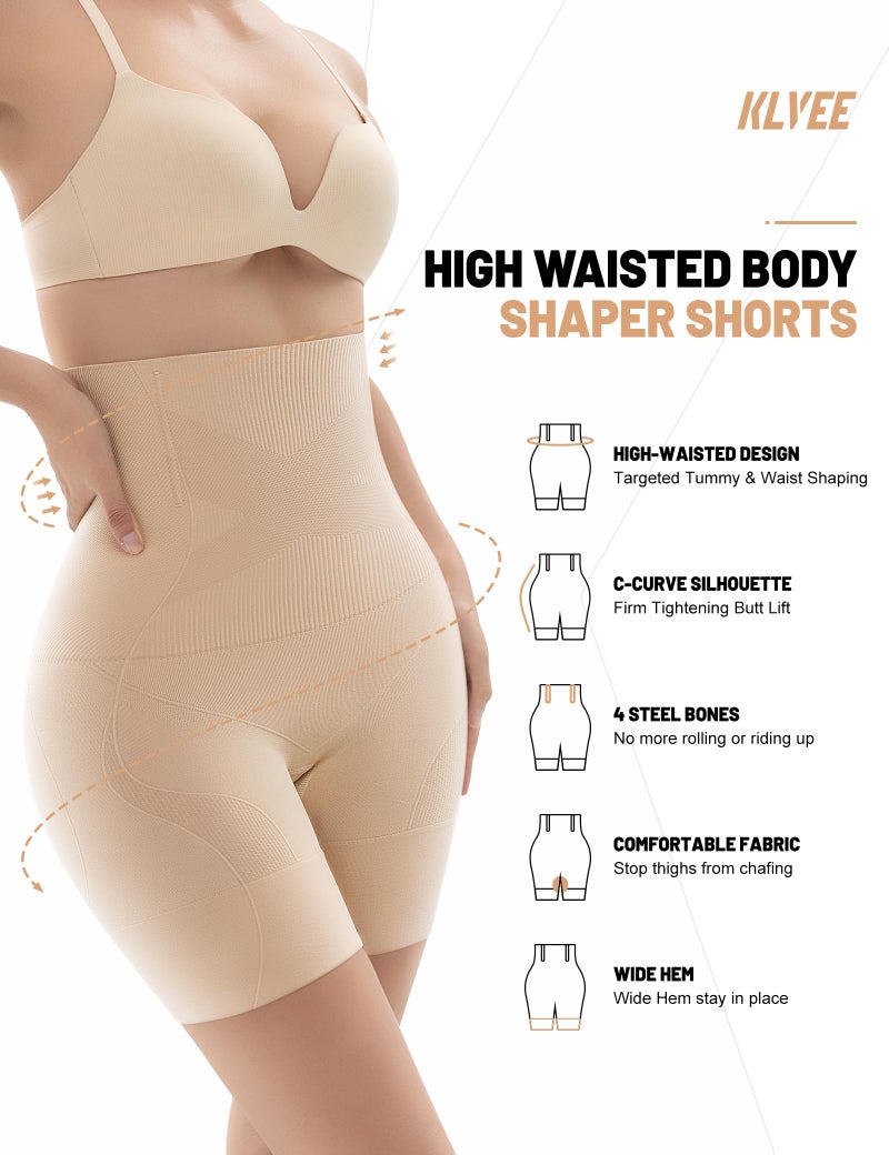 KLVEE Shapewear for Women Tummy Control, High Waisted Body Shaper Shorts Butt Lifting Thigh Slimmer Shapewear Nude - Image 2