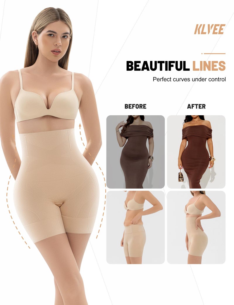 KLVEE Shapewear for Women Tummy Control, High Waisted Body Shaper Shorts Butt Lifting Thigh Slimmer Shapewear Nude - Image 4