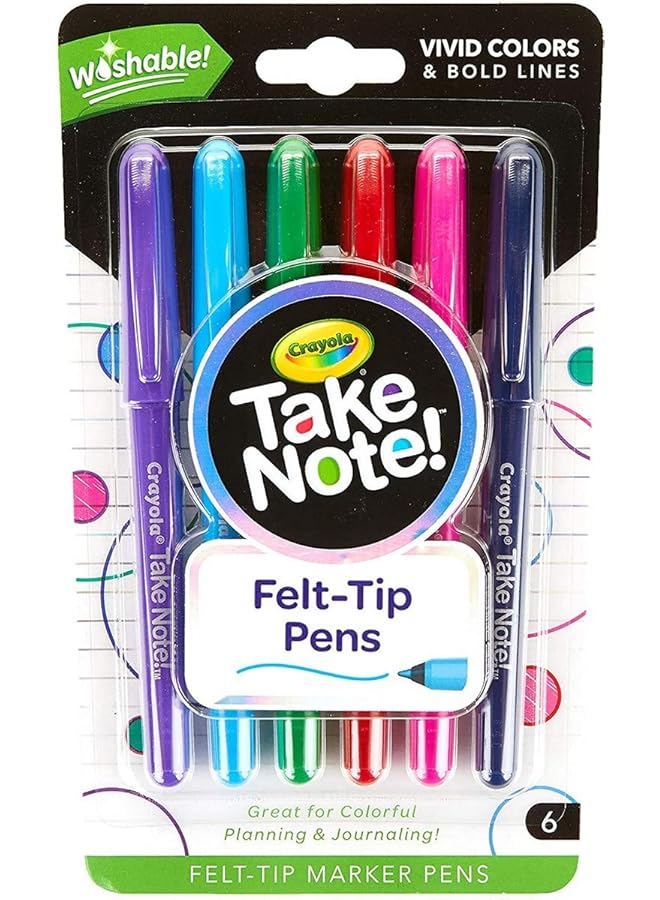 Crayola Take Note Washable Felt Tip Pens 6 Count - Image 1
